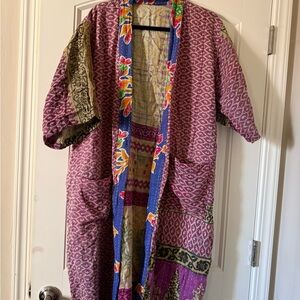 Bohemian Patchwork Kantha Robe - Purple with Multicolor Trim
